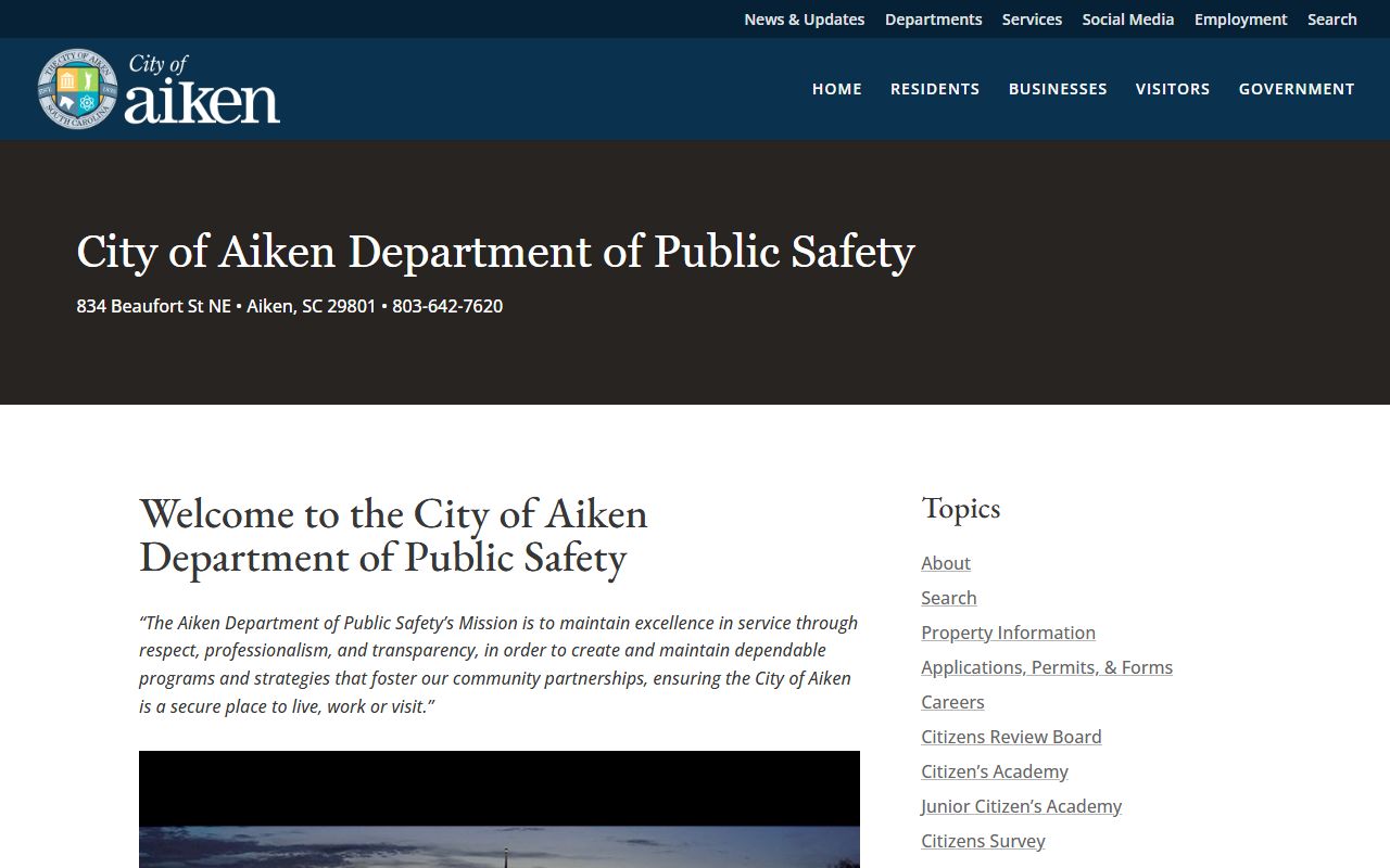 Aiken city public safety department page with arrest and recent bookings information