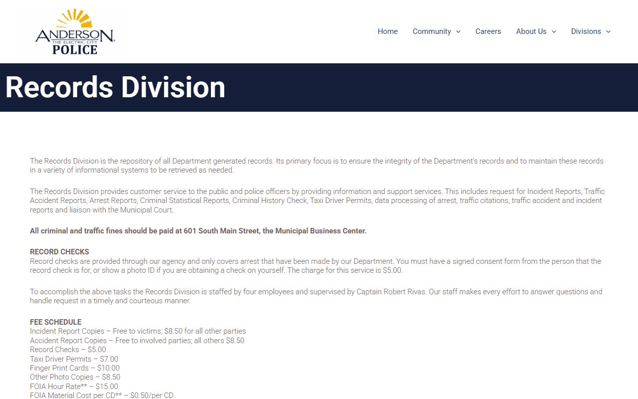 Anderson Police Department Records Division for recent bookings and arrest reports