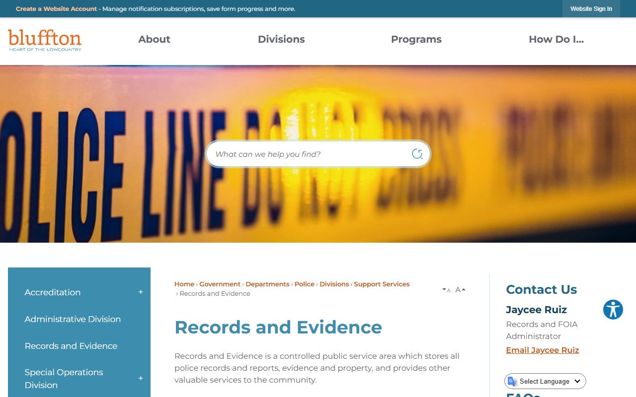 Bluffton Police Department records and evidence page for recent booking requests