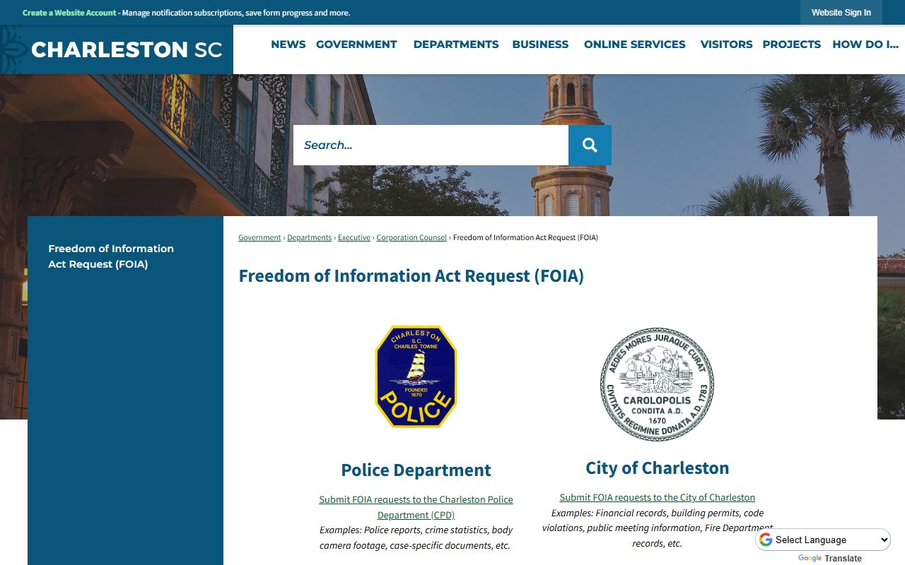 Charleston Police Department FOIA request portal for arrest records and recent bookings