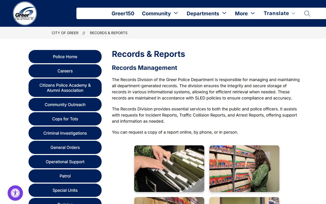 City of Greer police records and reports page for arrest information