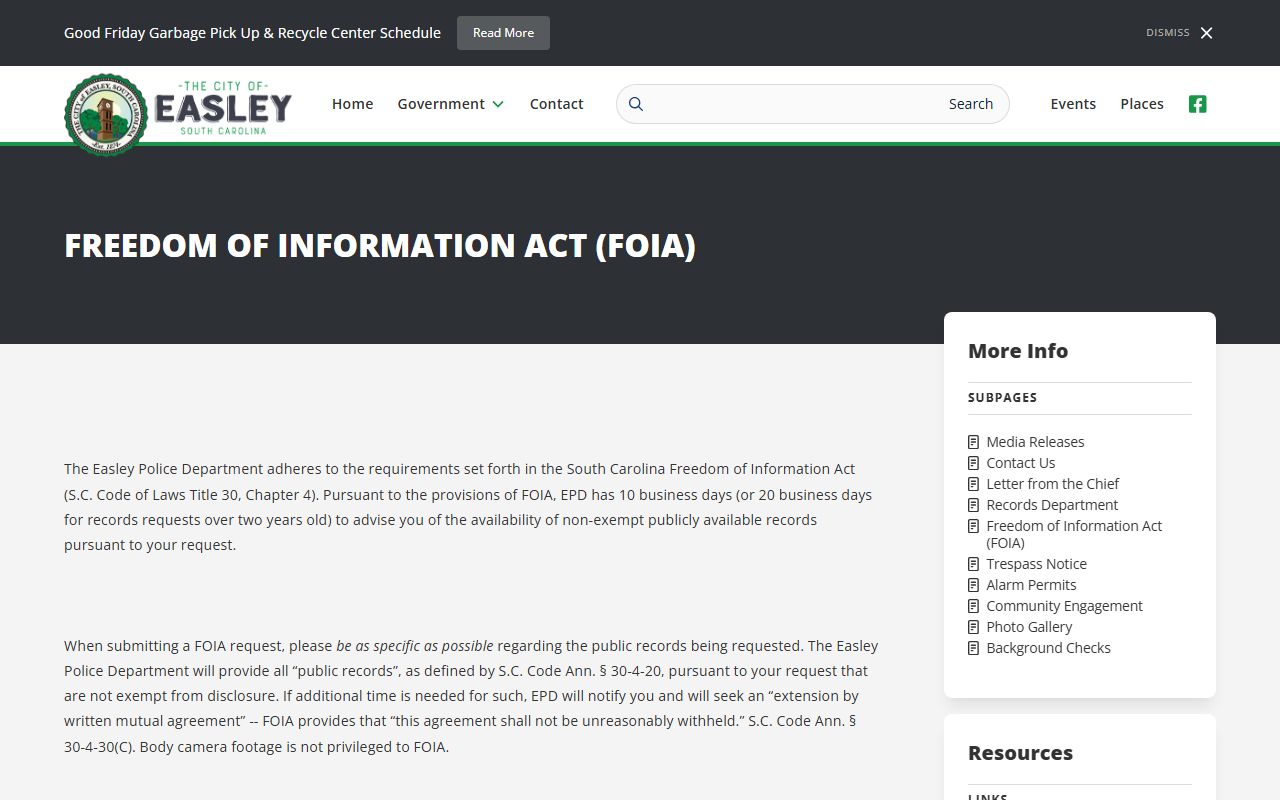 Easley FOIA request page for police records and recent bookings