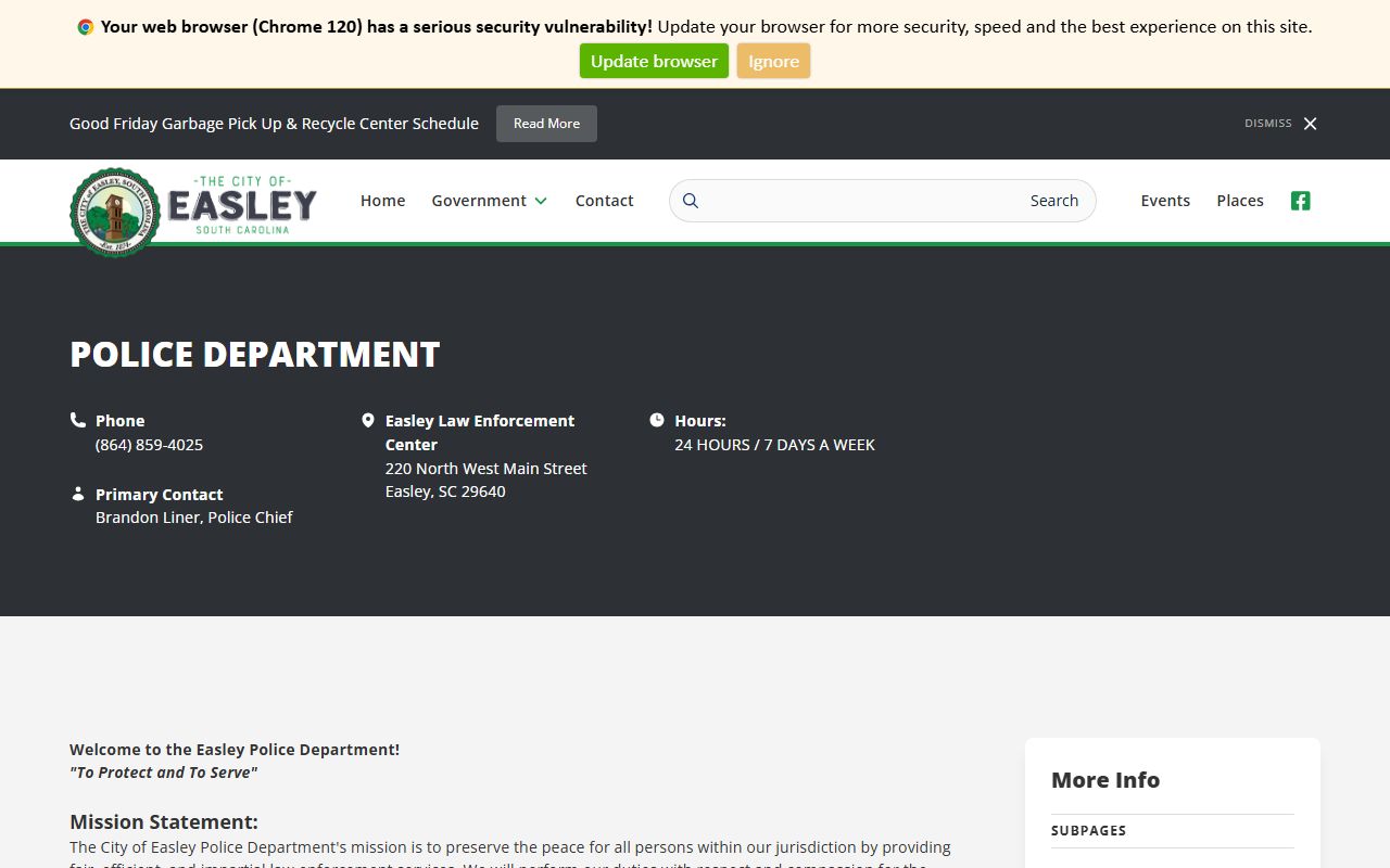 Easley Police Department page with recent bookings and arrest record resources