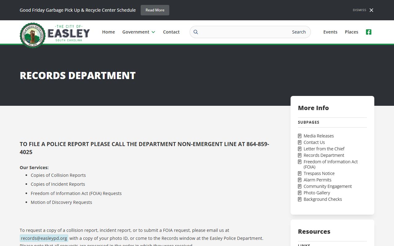 Easley Police Department records division for requesting arrest records