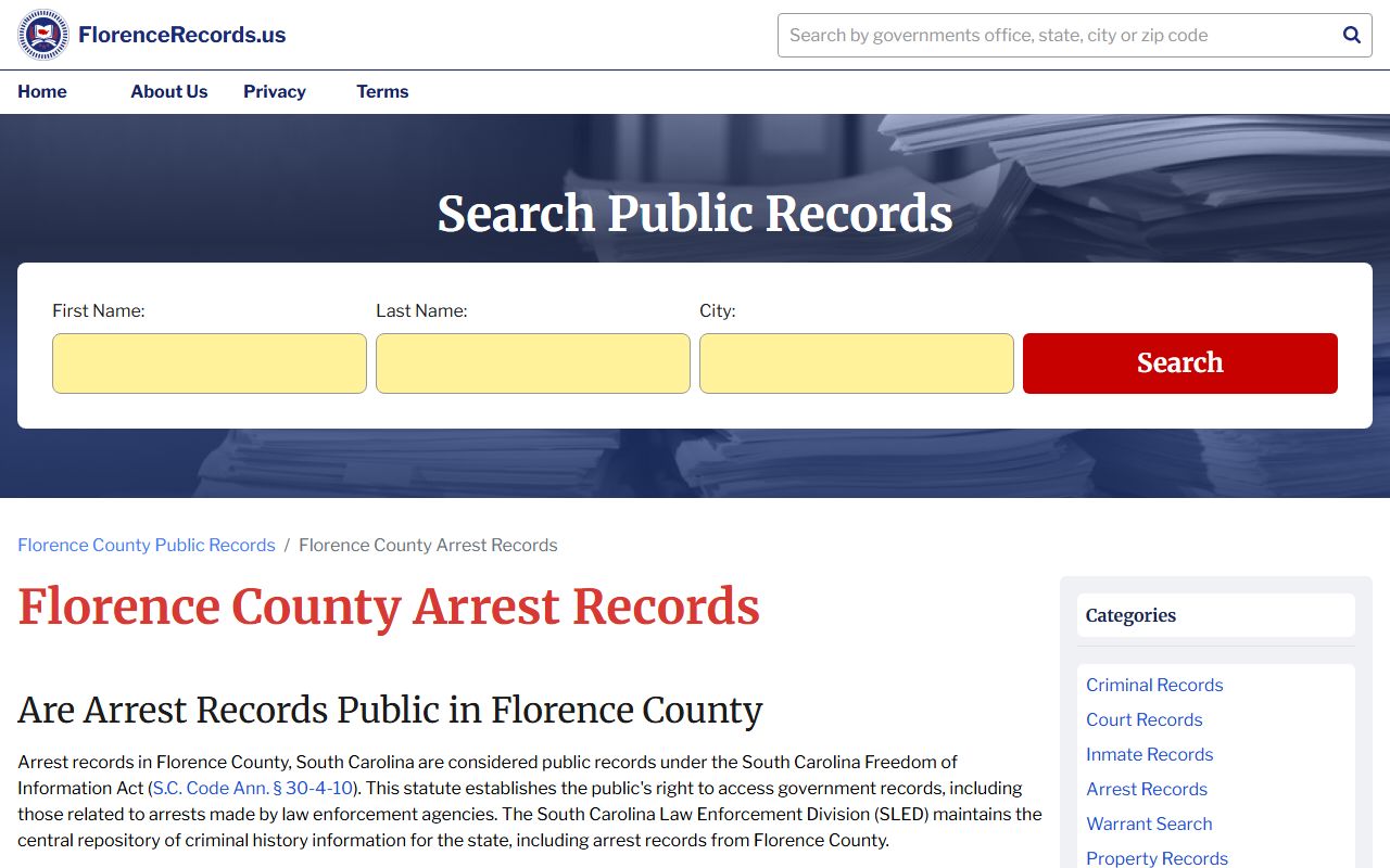Florence arrest records search page for recent bookings in Florence County