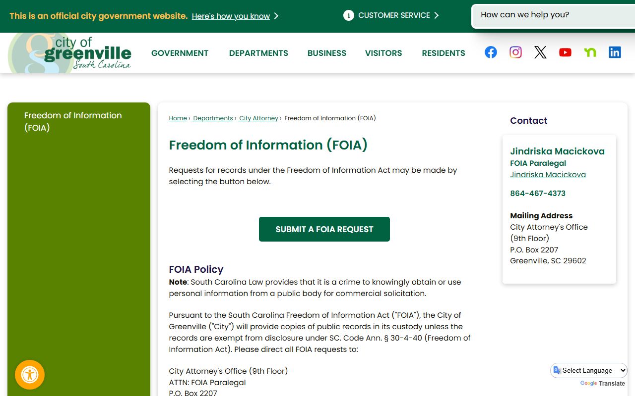 Greenville city FOIA request portal for arrest records and recent bookings