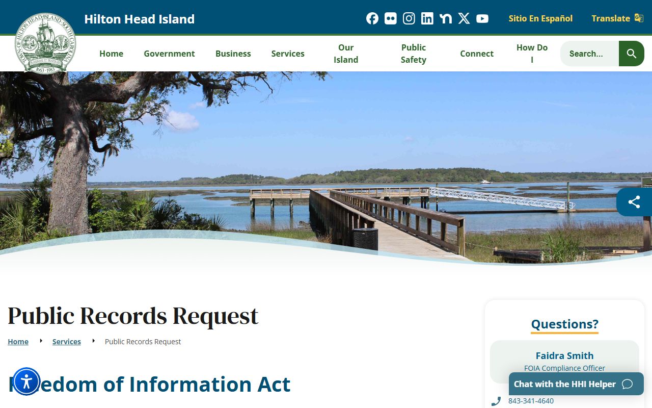 Hilton Head Island FOIA page for requesting arrest records and recent bookings