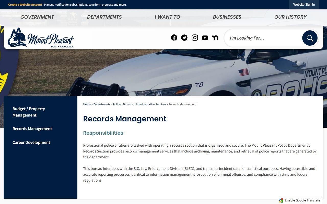 Mount Pleasant Police Department Records Management page for arrest records and recent bookings