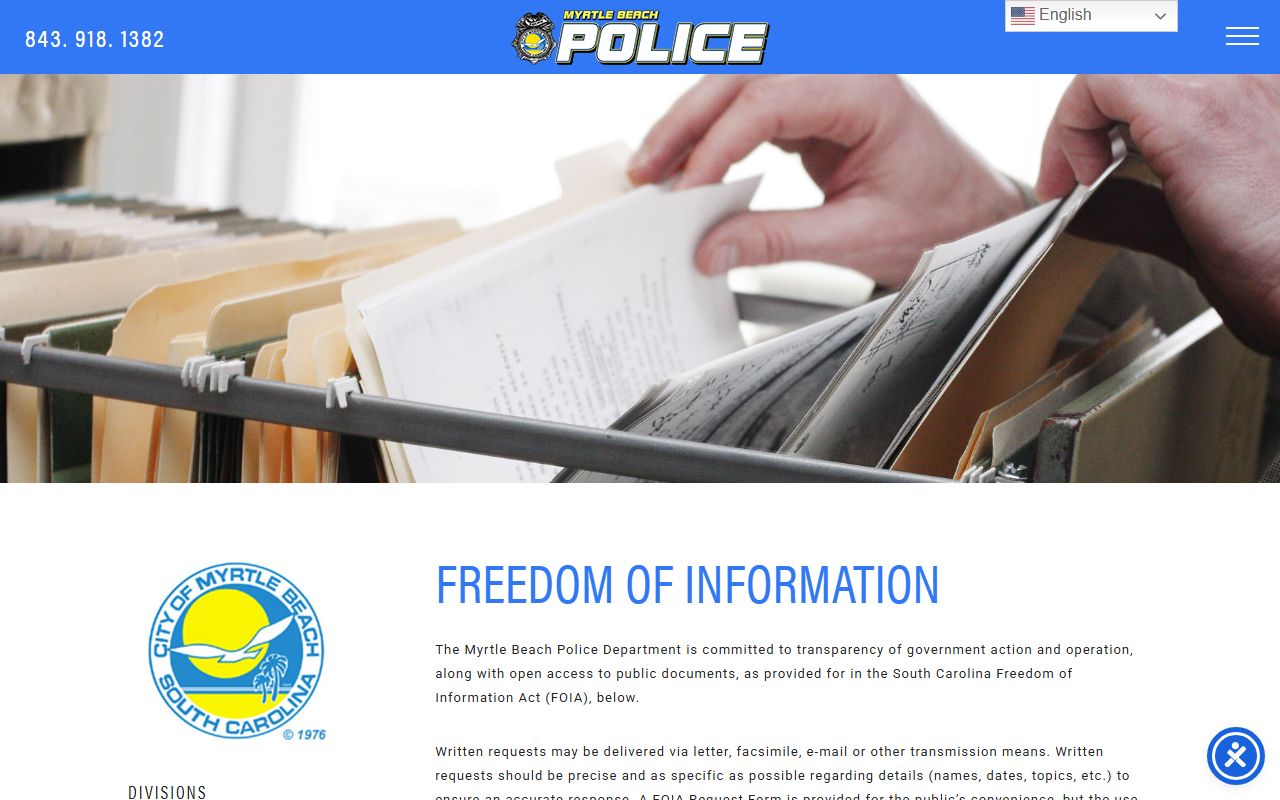 Myrtle Beach Police Department FOIA records request page