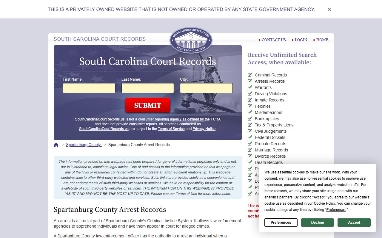 Spartanburg arrest records database for recent bookings lookup