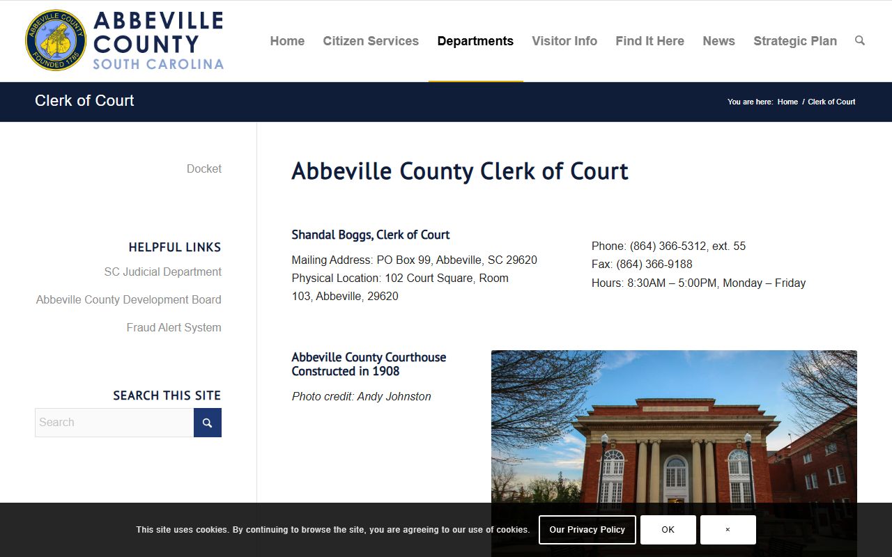 Abbeville County Clerk of Court website for criminal records and recent bookings
