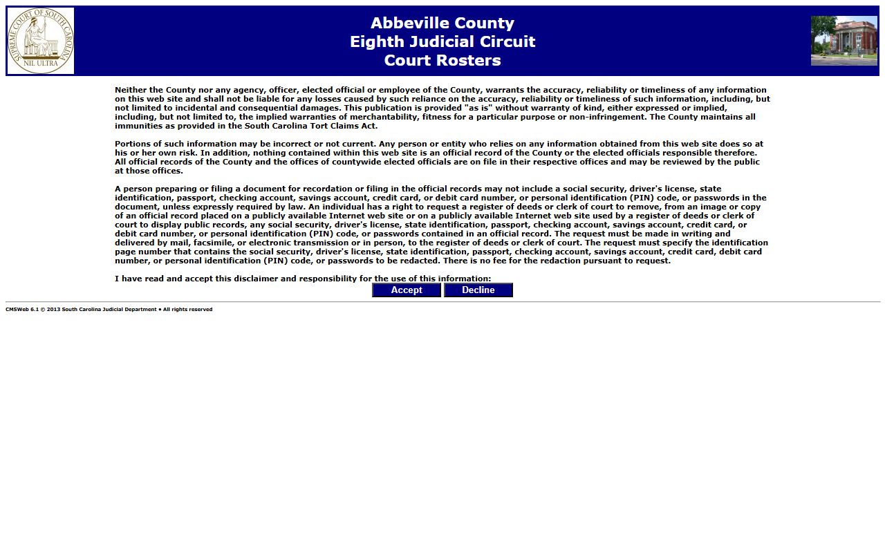 Abbeville County court rosters listing scheduled hearings tied to recent bookings