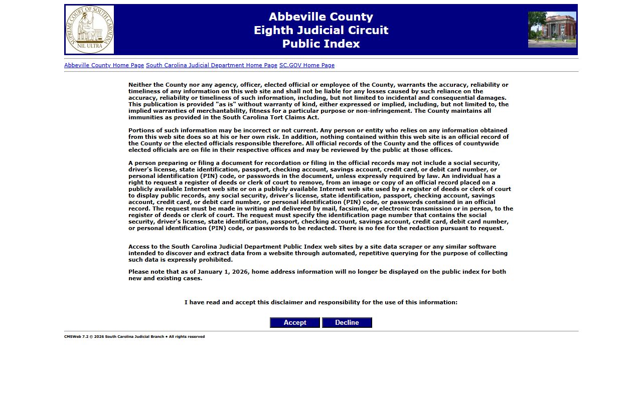 Abbeville County SC Public Index search for booking records and arrest cases