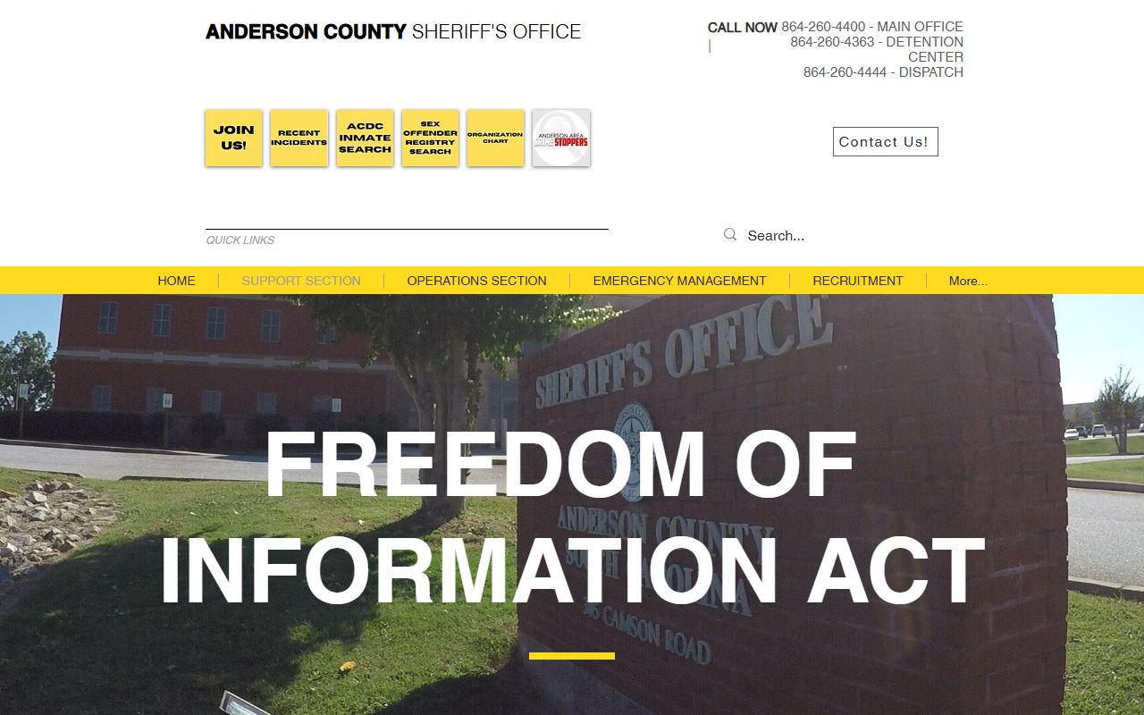 Anderson County Sheriff FOIA request page for arrest records and recent bookings