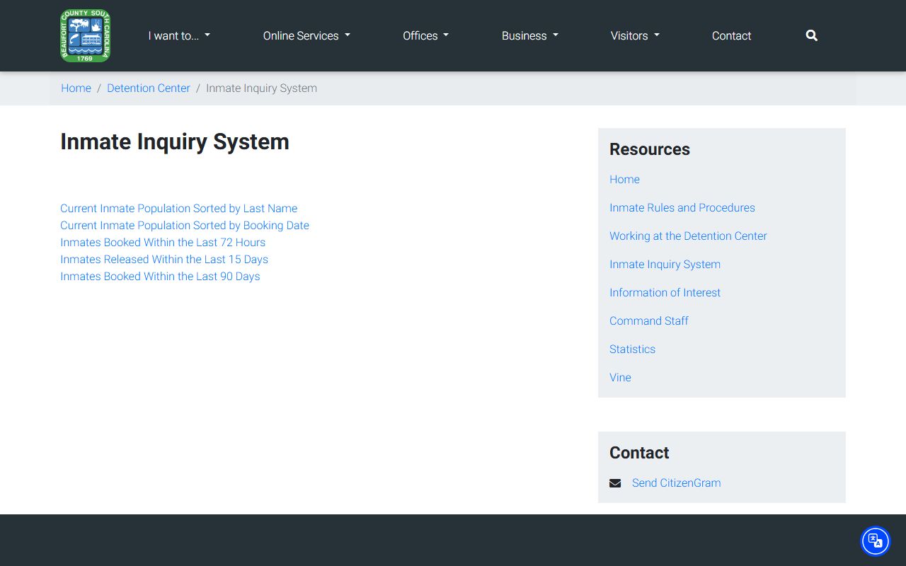 Beaufort County Detention Center Inmate Inquiry System for recent bookings and arrest records