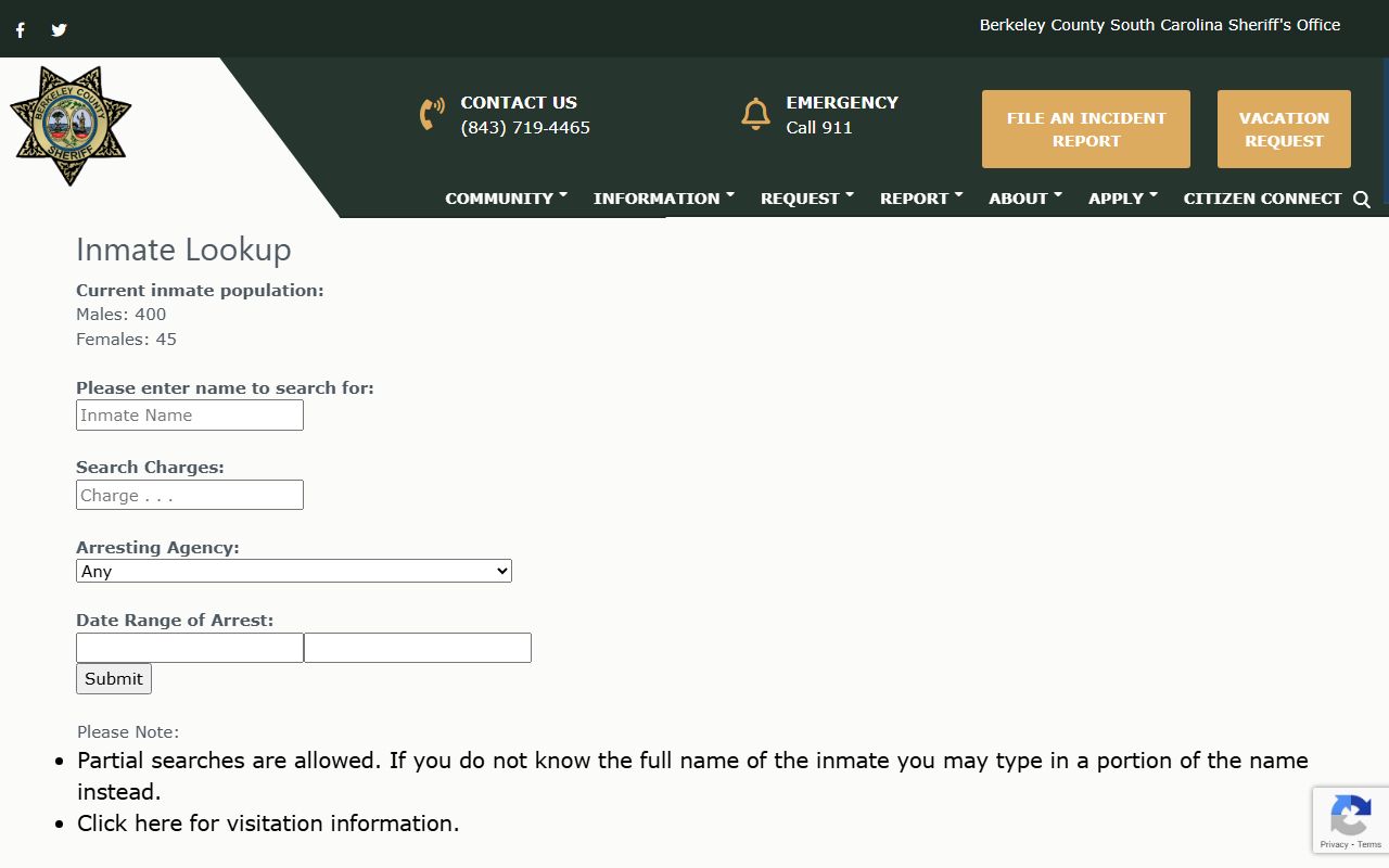Berkeley County Sheriff inmate lookup portal for recent bookings and arrest records