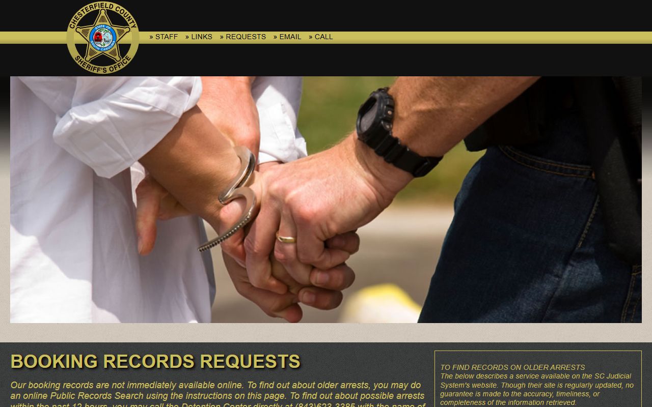 Chesterfield County Sheriff booking records request page for recent arrests