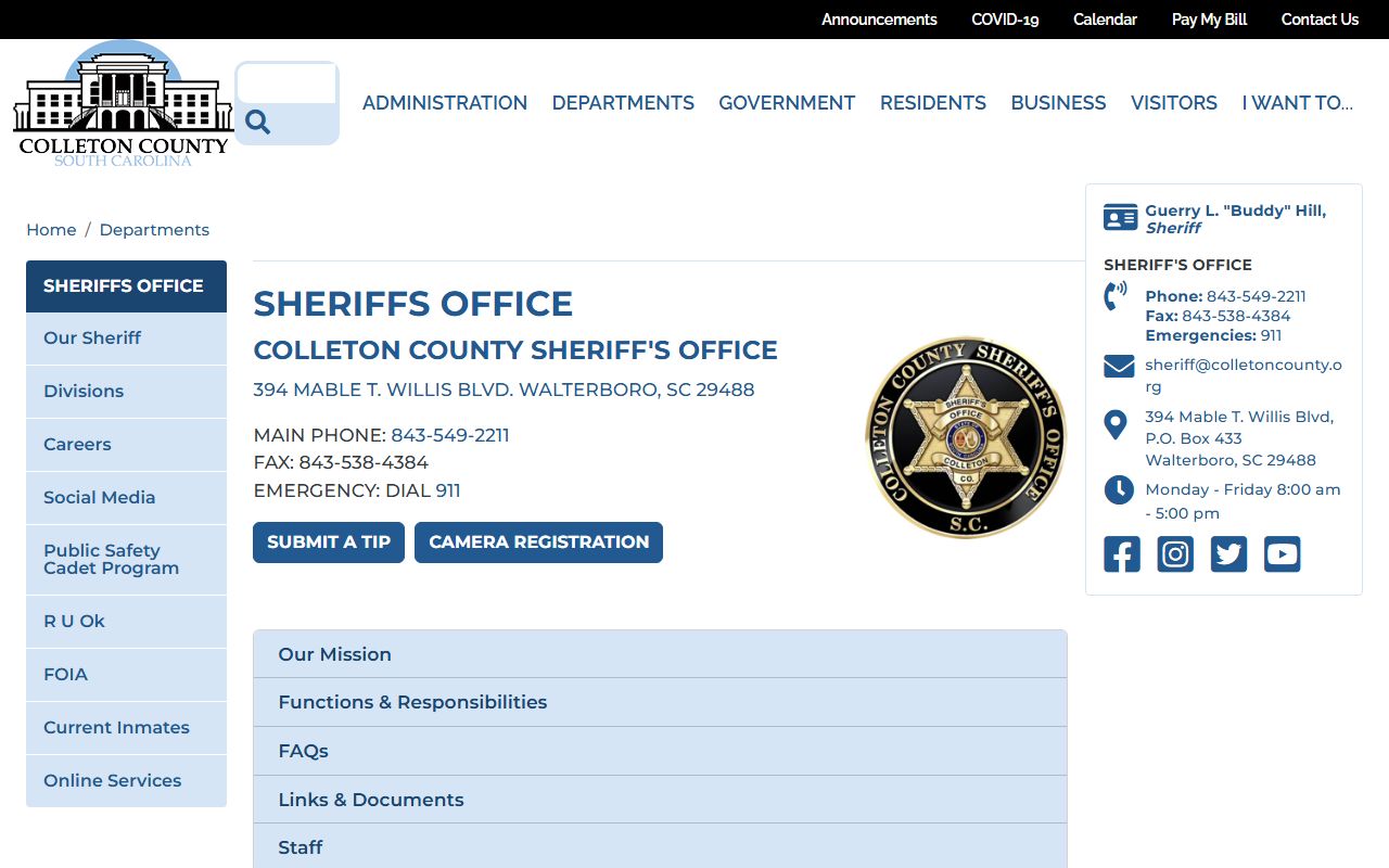 Colleton County Sheriff's Office website for recent bookings and detention center information