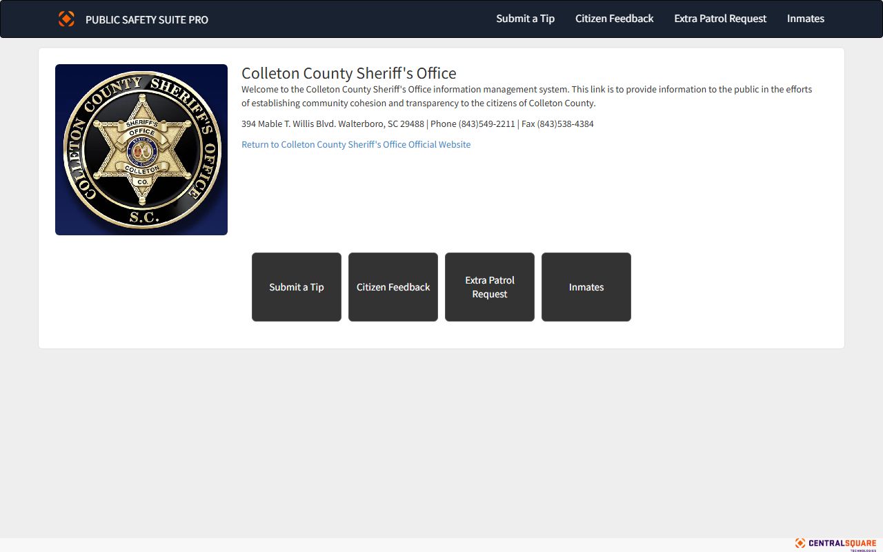 Colleton County Zuercher Portal for searching recent bookings and inmate records