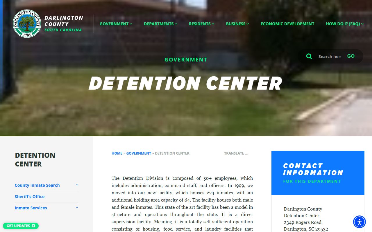 Darlington County detention center information page for recent bookings and inmate list