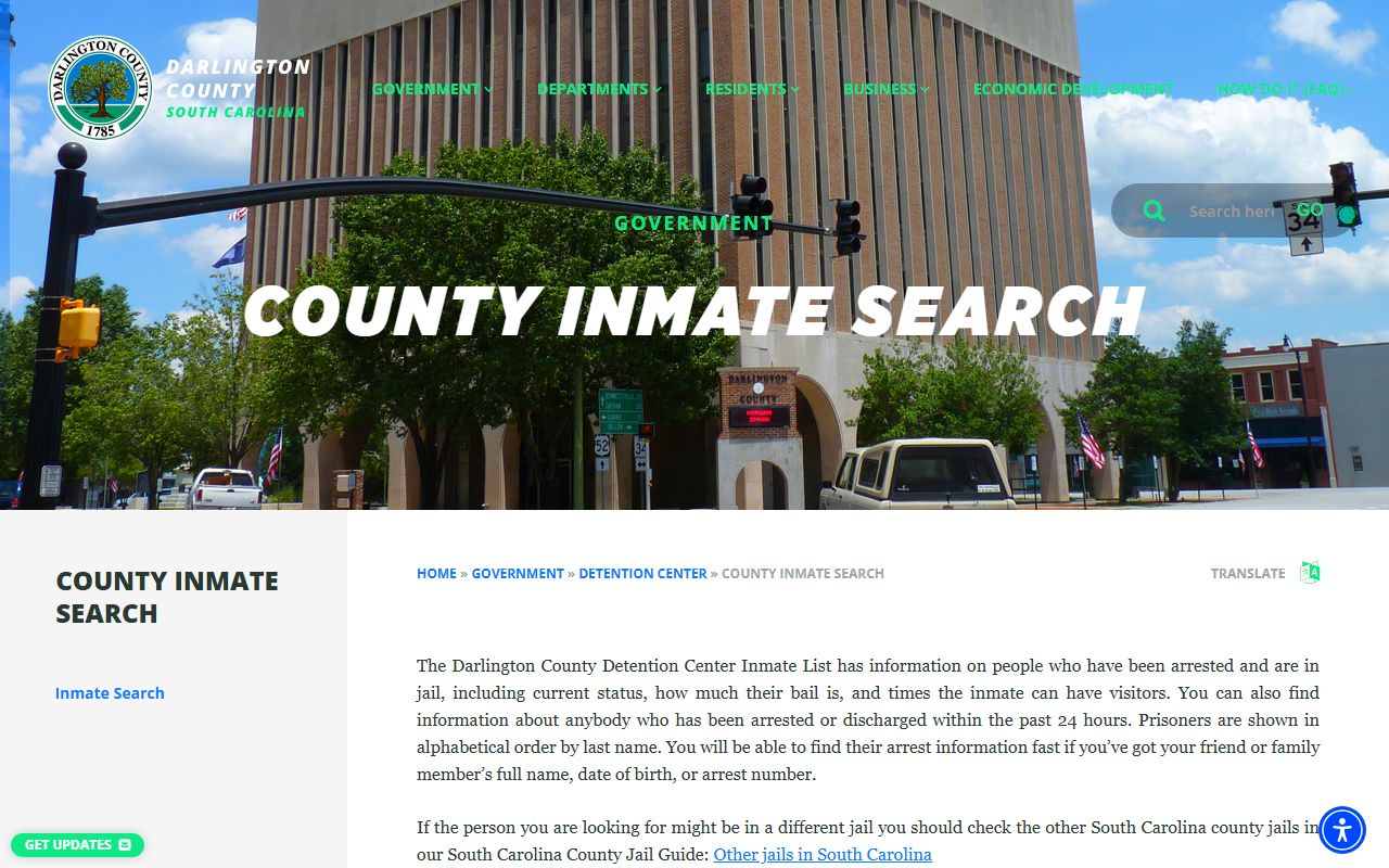 Darlington County inmate search page for finding recent bookings and current custody status