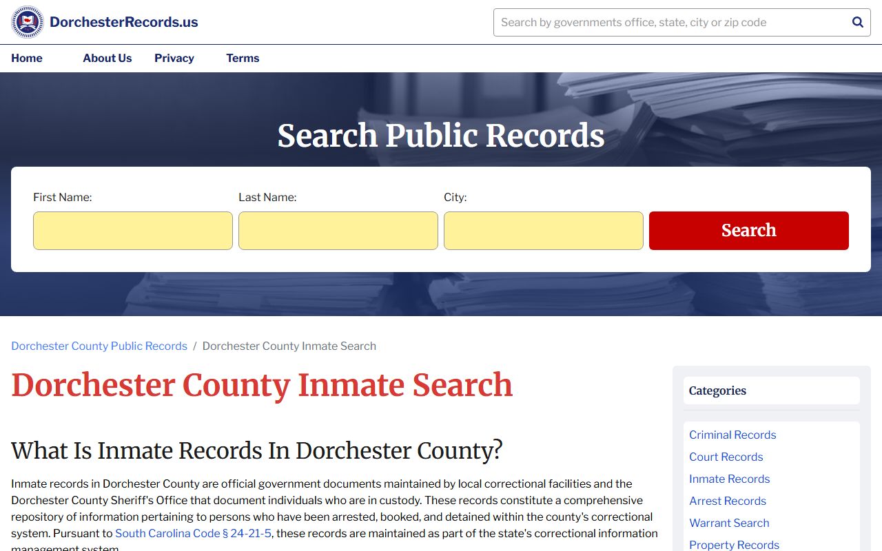 Dorchester County inmate search portal for recent bookings