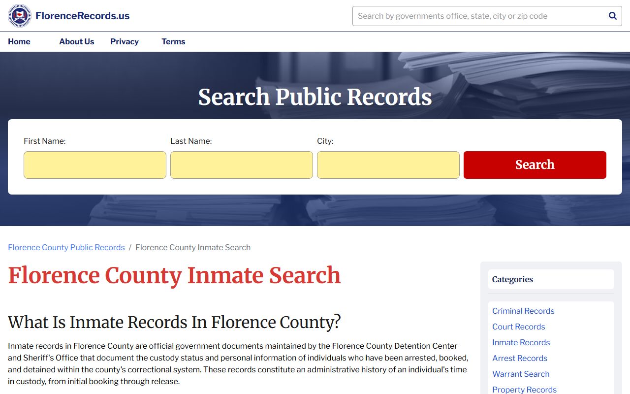 Florence County inmate search for recent bookings and arrest records