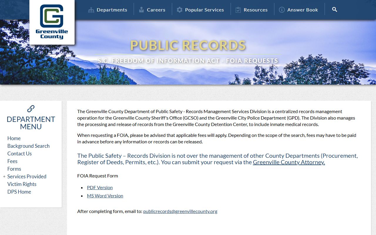 Greenville County FOIA public records request page for booking records