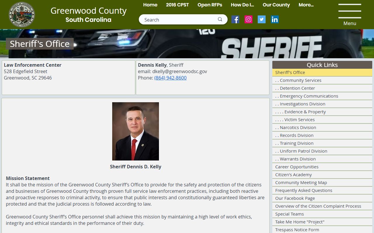 Greenwood County Sheriff's Office website for recent bookings and inmate search