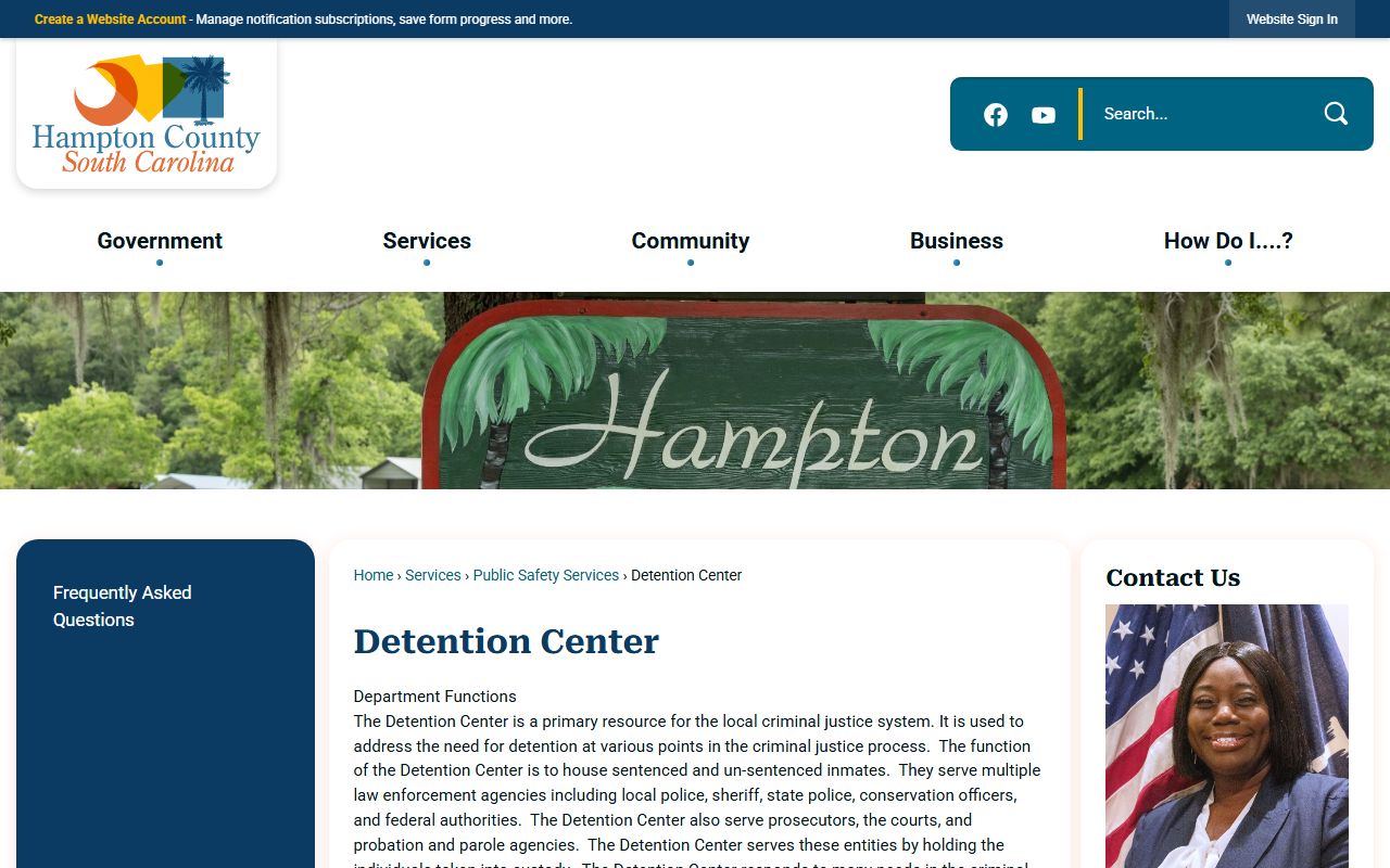 Hampton County Detention Center information page for booking records