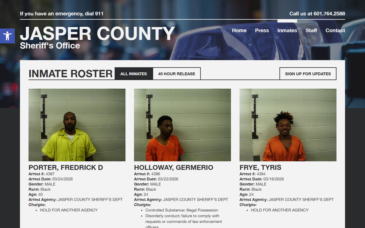 Jasper County Sheriff's Office inmate roster showing recent bookings and arrests