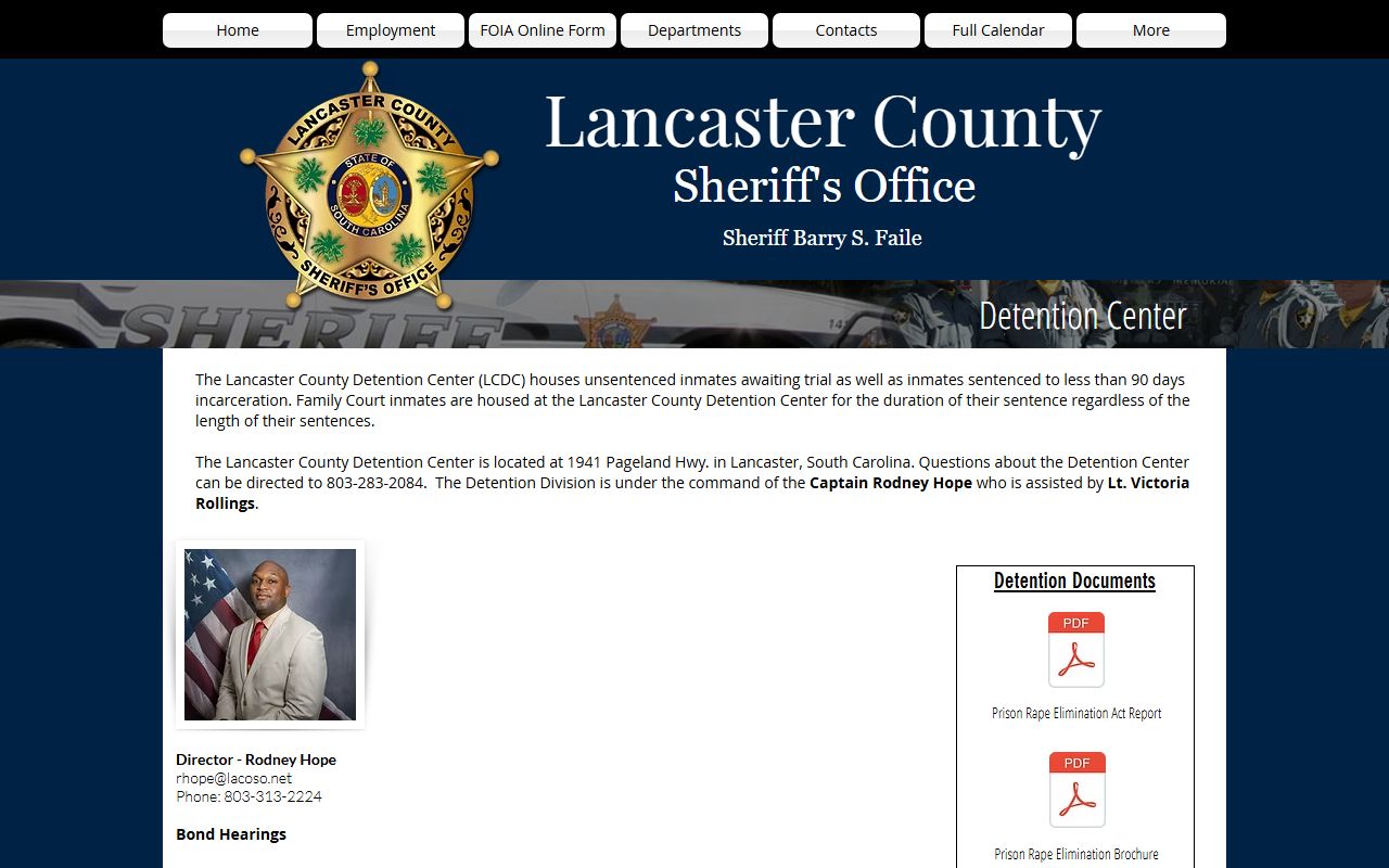 Lancaster County Detention Center page with booking and inmate services information