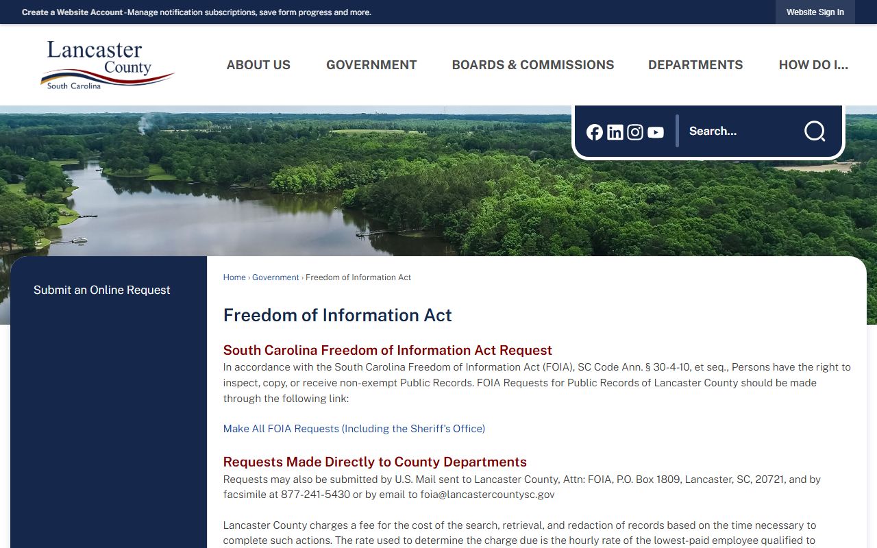 Lancaster County FOIA public records request page for booking and arrest records