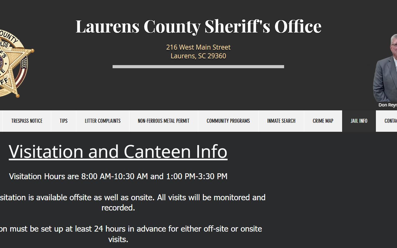 Laurens County jail information page with visitation hours and inmate services details