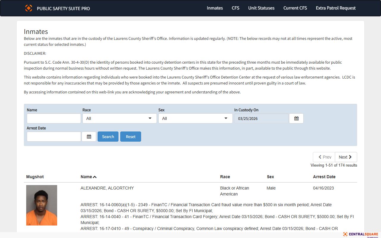 Laurens County Zuercher Portal showing current inmate list and recent booking data