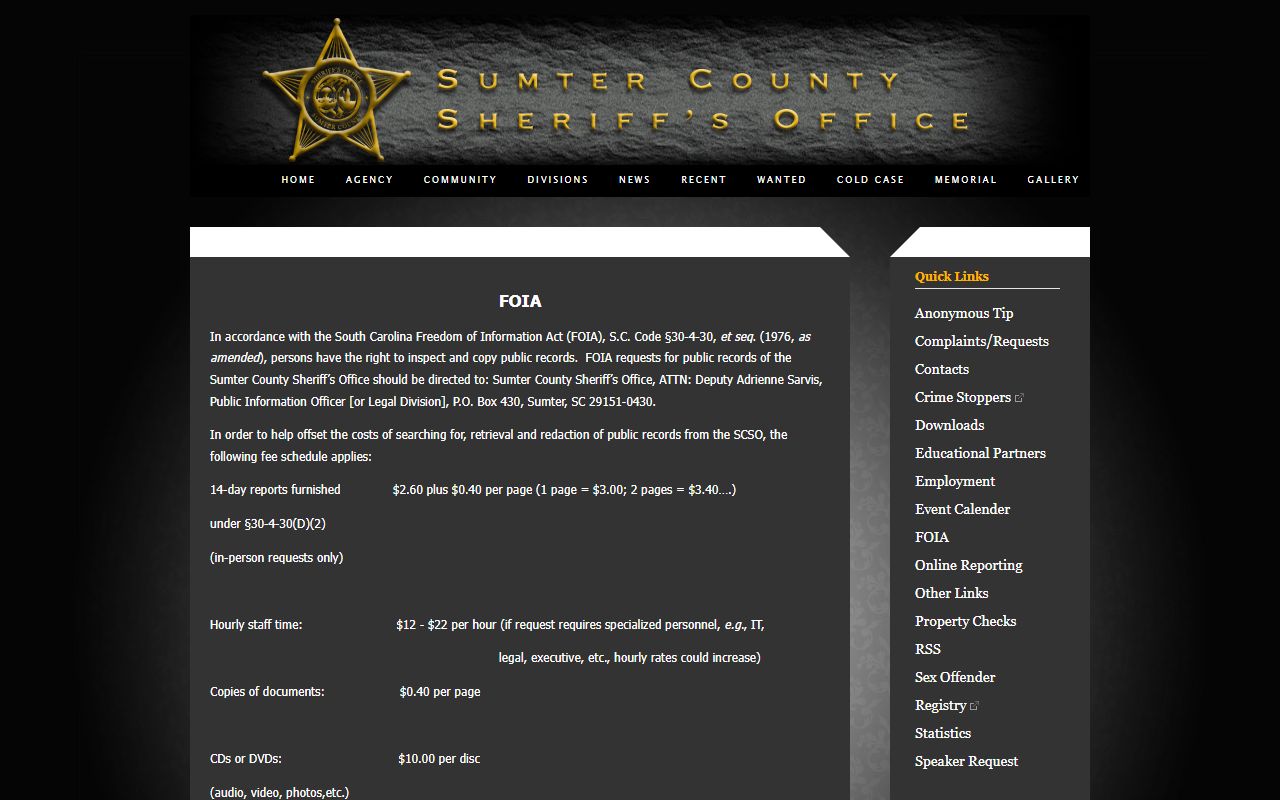 Sumter County Sheriff FOIA records request page