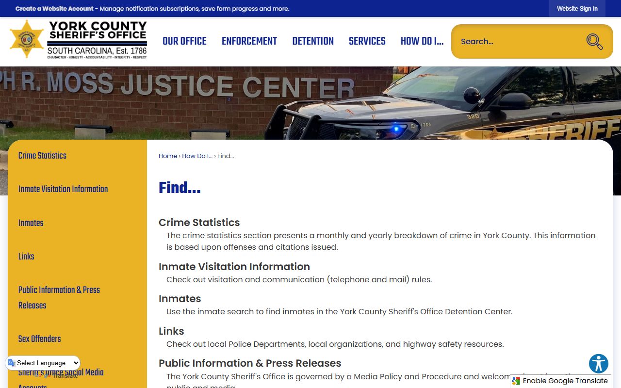 York County Sheriff inmate finder for recent bookings and arrest records