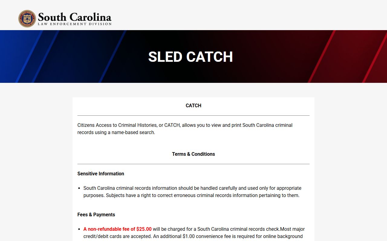 SLED CATCH criminal history search portal for South Carolina recent bookings